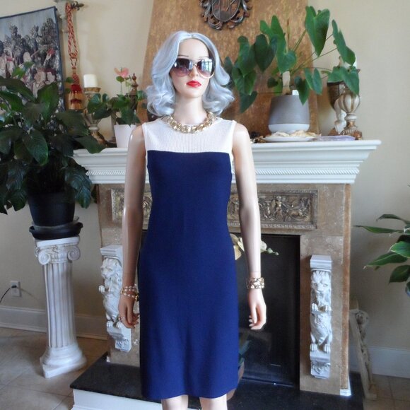 St. John Couture Navy Blue-Ivory Block Print Knit Sheath Dress Size 2